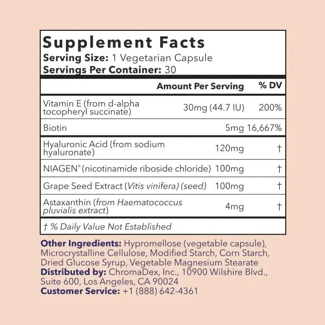 TRU NIAGEN BEAUTY NAD+ for Hair, Skin & Nails | Contains Niagen®, Astaxanthin, Hyaluronic Acid, Biotin | Supports Skin Elasticity & Moisture Retention | Daily Supplements for Men & Women | 30 Servings - TrustMedUSA