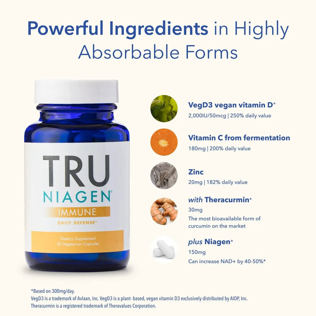TRU NIAGEN Immune Support Supplement - Daily Defense, Vitamin C from Fermentation, Vegan Vitamin D3 2000 IU, Zinc, Plus Theracurmin (Curcumin) + Multi Award-Winning NAD Boosting Niagen 150mg 60ct - TrustMedUSA