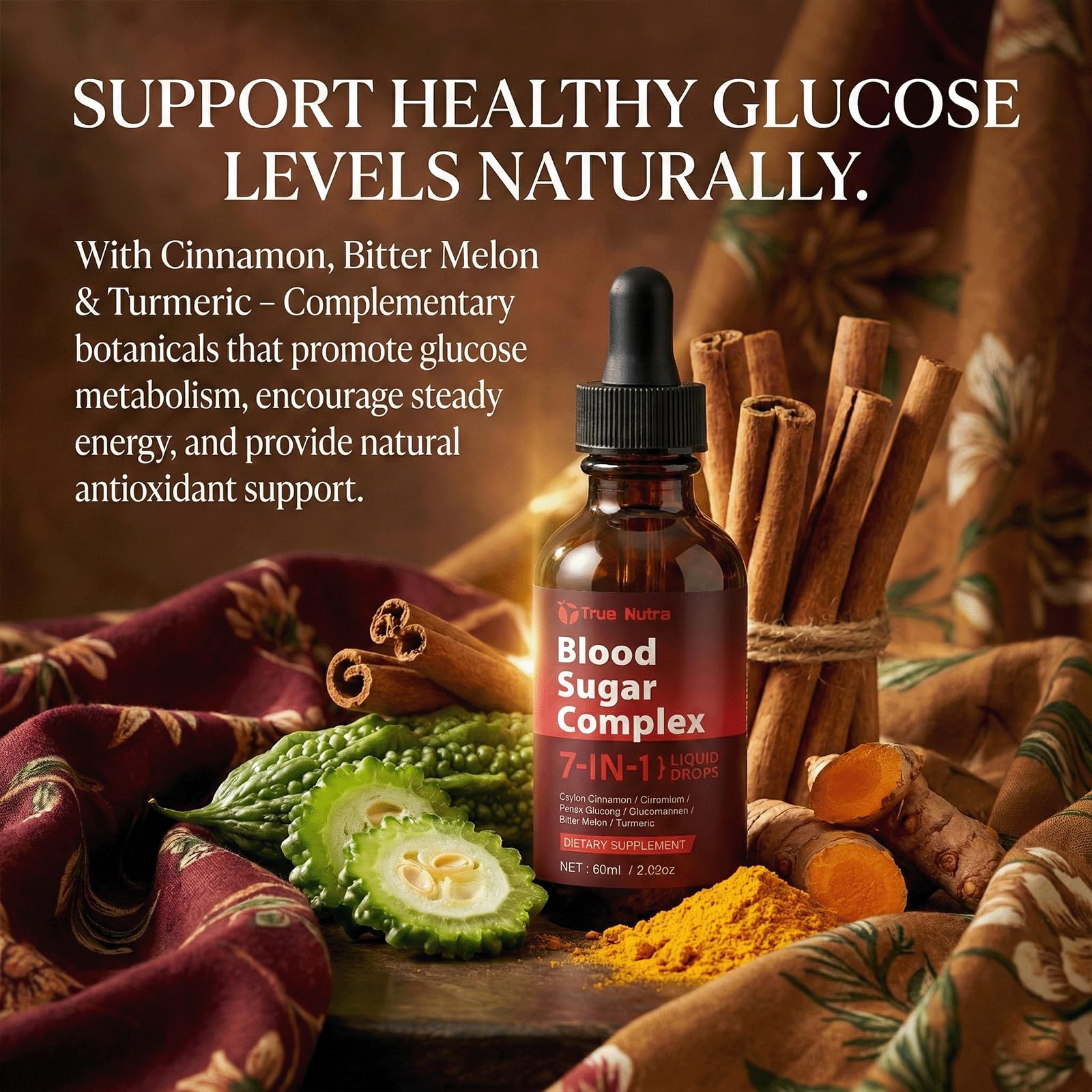true nutra Blood Sugar Complex, 7-in-1 Formula Blood Sugar Support Supplement with Berberine, Ceylon Cinnamon, Chromium, Bitter Melon, Turmeric, Ginseng, Glucomannan (1PCS) - TrustMedUSA