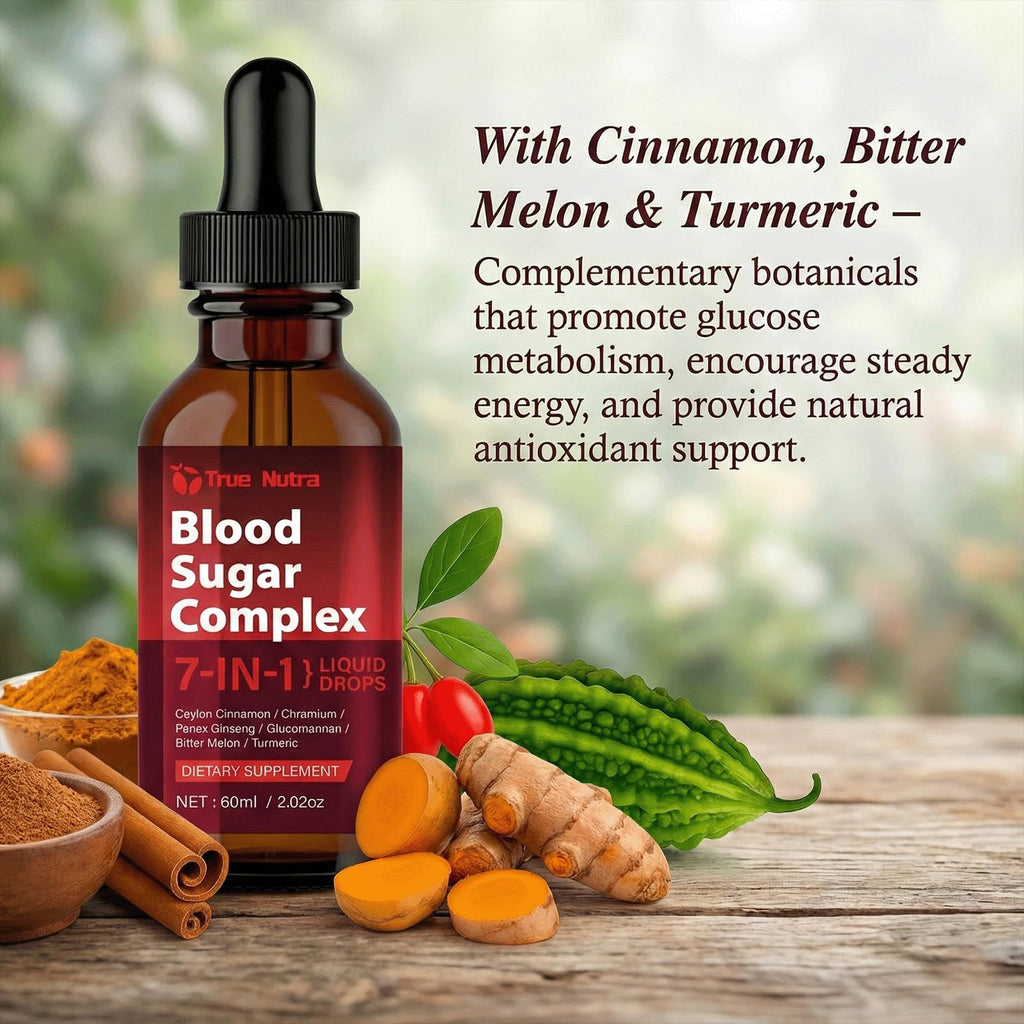 true nutra Blood Sugar Complex, 7-in-1 Formula Blood Sugar Support Supplement with Berberine, Ceylon Cinnamon, Chromium, Bitter Melon, Turmeric, Ginseng, Glucomannan (1PCS) - TrustMedUSA