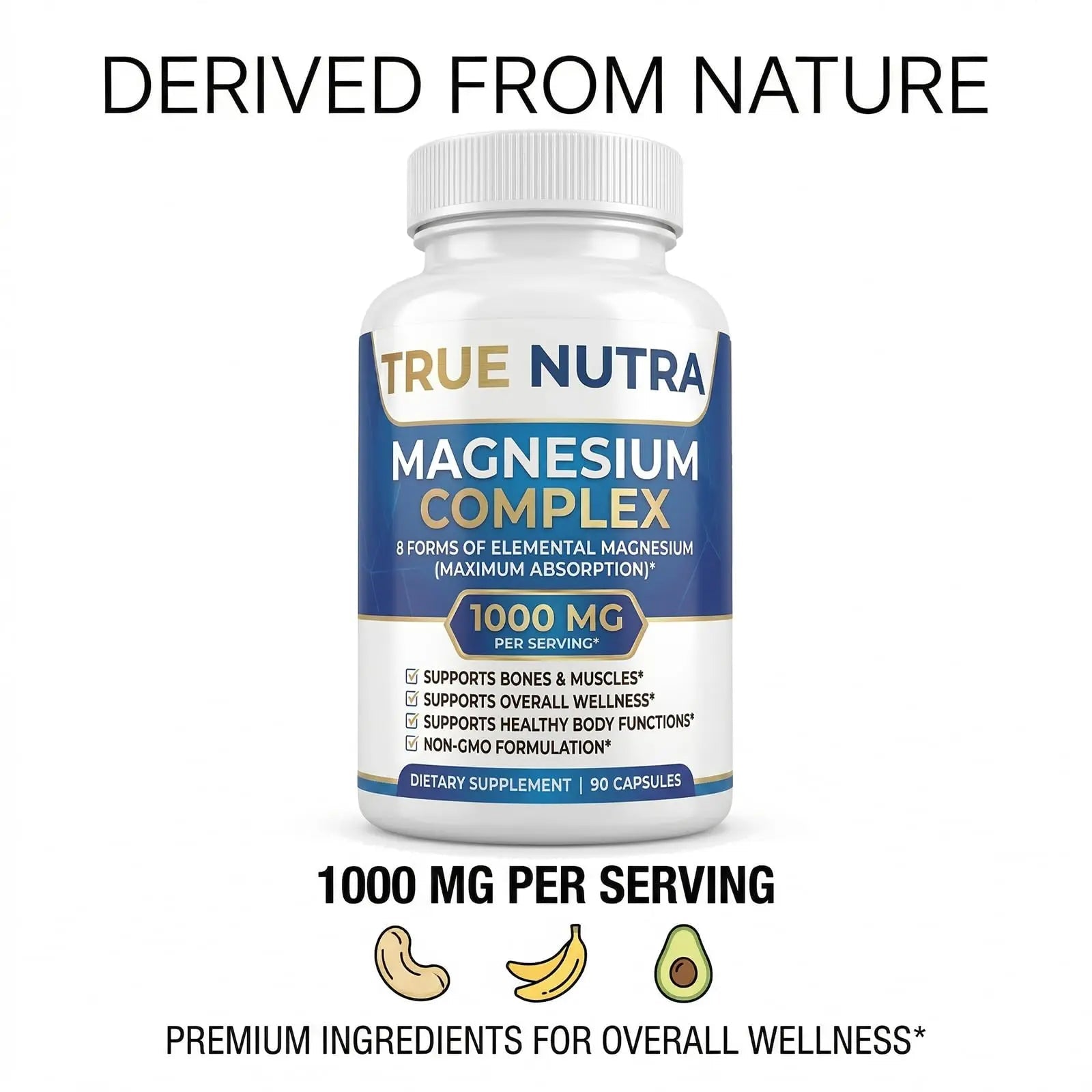 True nutra Magnesium Complex，Advanced 8-in-1 Magnesium Blend，Glycinate, Citrate, Malate, Taurate etc，High Formula，90 Capsules - TrustMedUSA