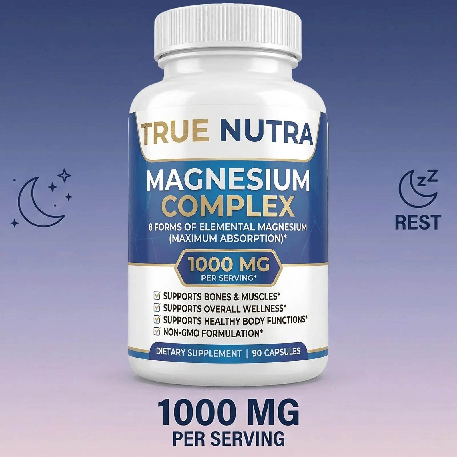 True nutra Magnesium Complex，Advanced 8-in-1 Magnesium Blend，Glycinate, Citrate, Malate, Taurate etc，High Formula，90 Capsules - TrustMedUSA
