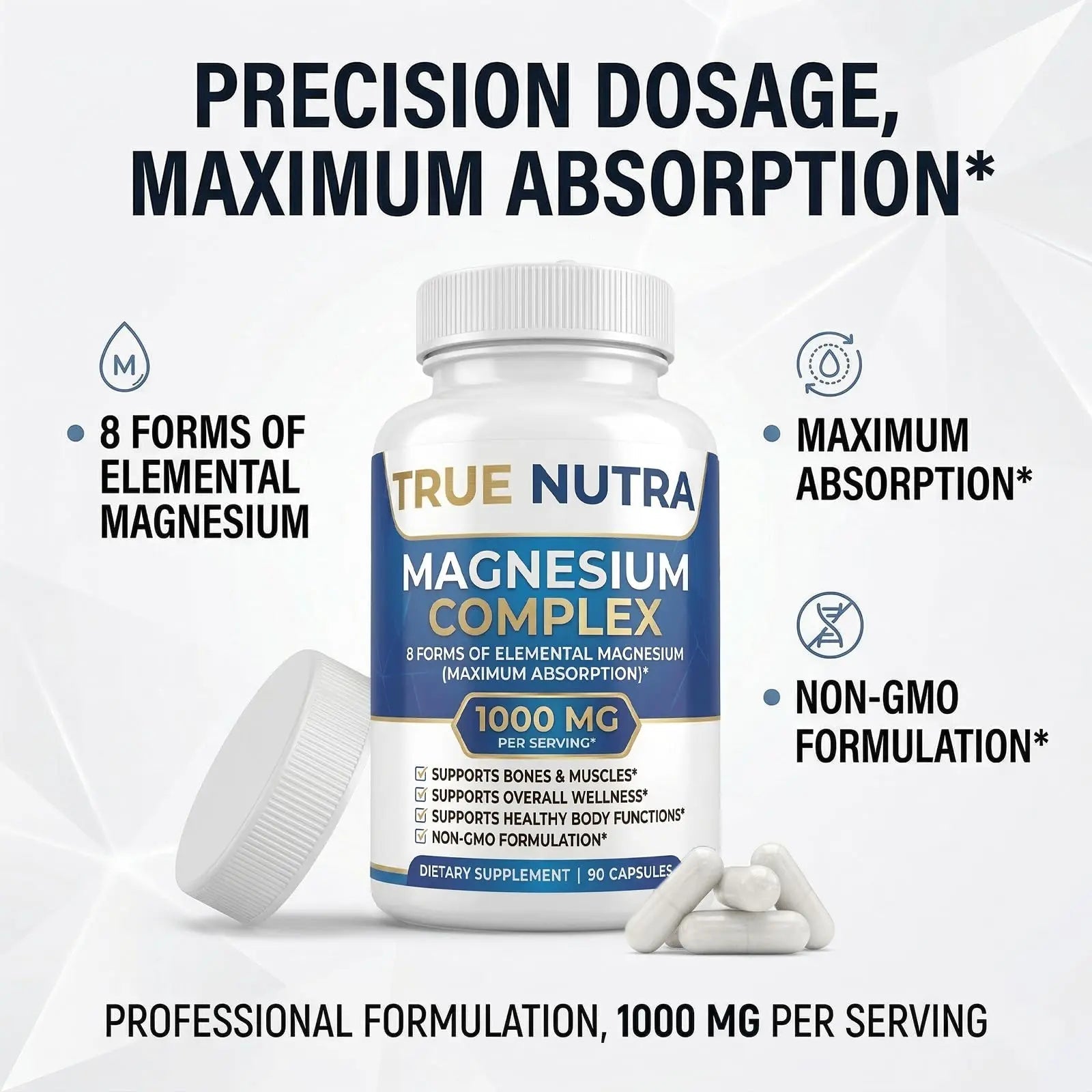 True nutra Magnesium Complex，Advanced 8-in-1 Magnesium Blend，Glycinate, Citrate, Malate, Taurate etc，High Formula，90 Capsules - TrustMedUSA