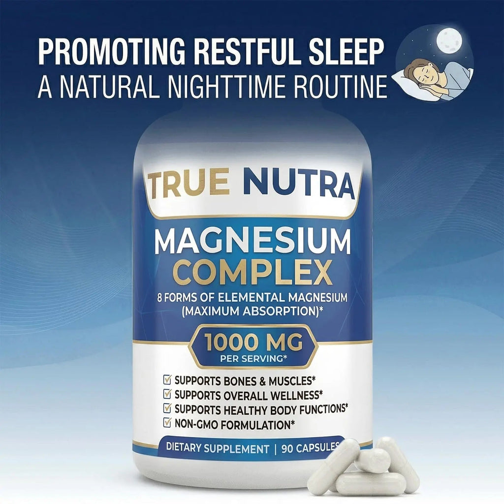 True nutra Magnesium Complex，Advanced 8-in-1 Magnesium Blend，Glycinate, Citrate, Malate, Taurate etc，High Formula，90 Capsules - TrustMedUSA