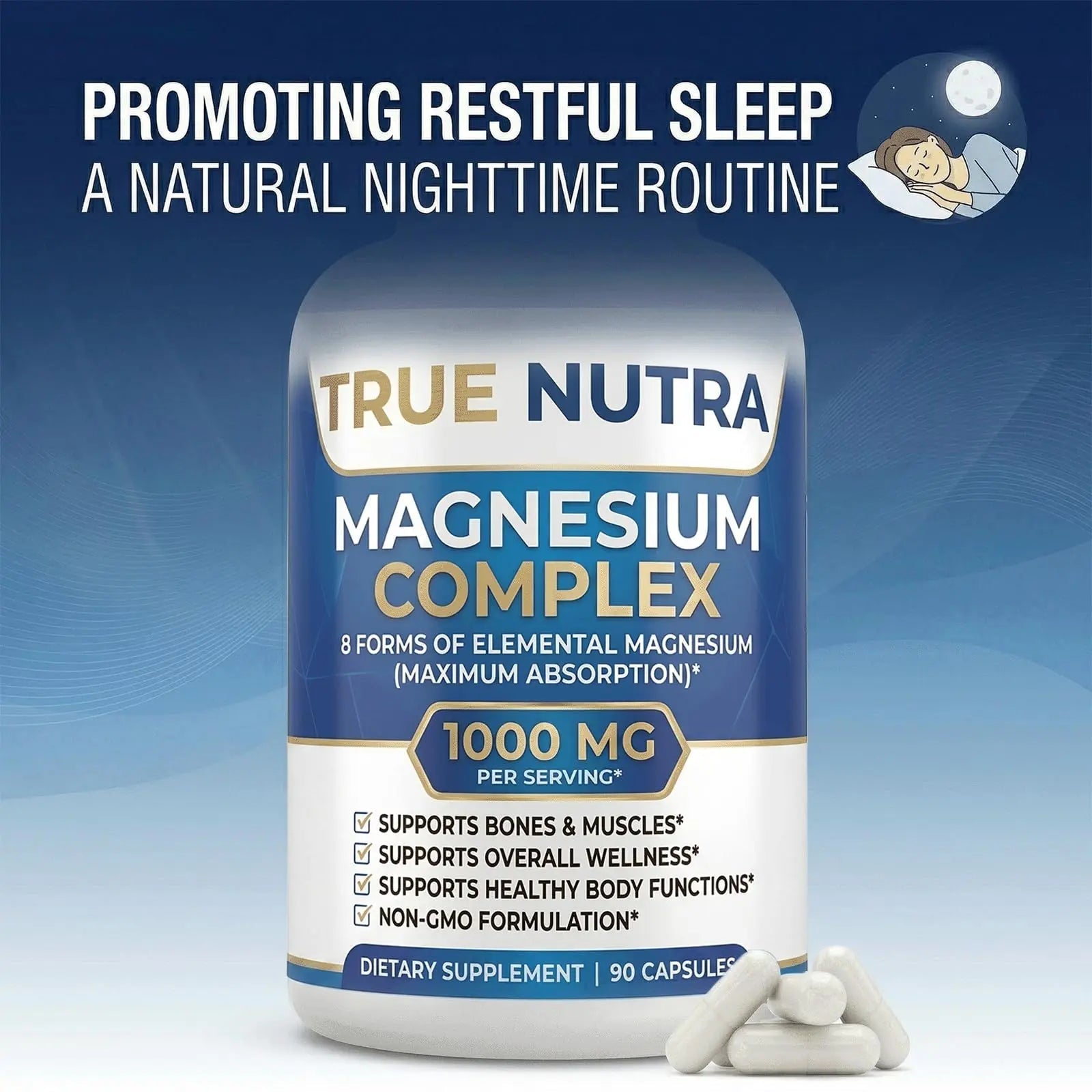 True nutra Magnesium Complex，Advanced 8-in-1 Magnesium Blend，Glycinate, Citrate, Malate, Taurate etc，High Formula，90 Capsules - TrustMedUSA