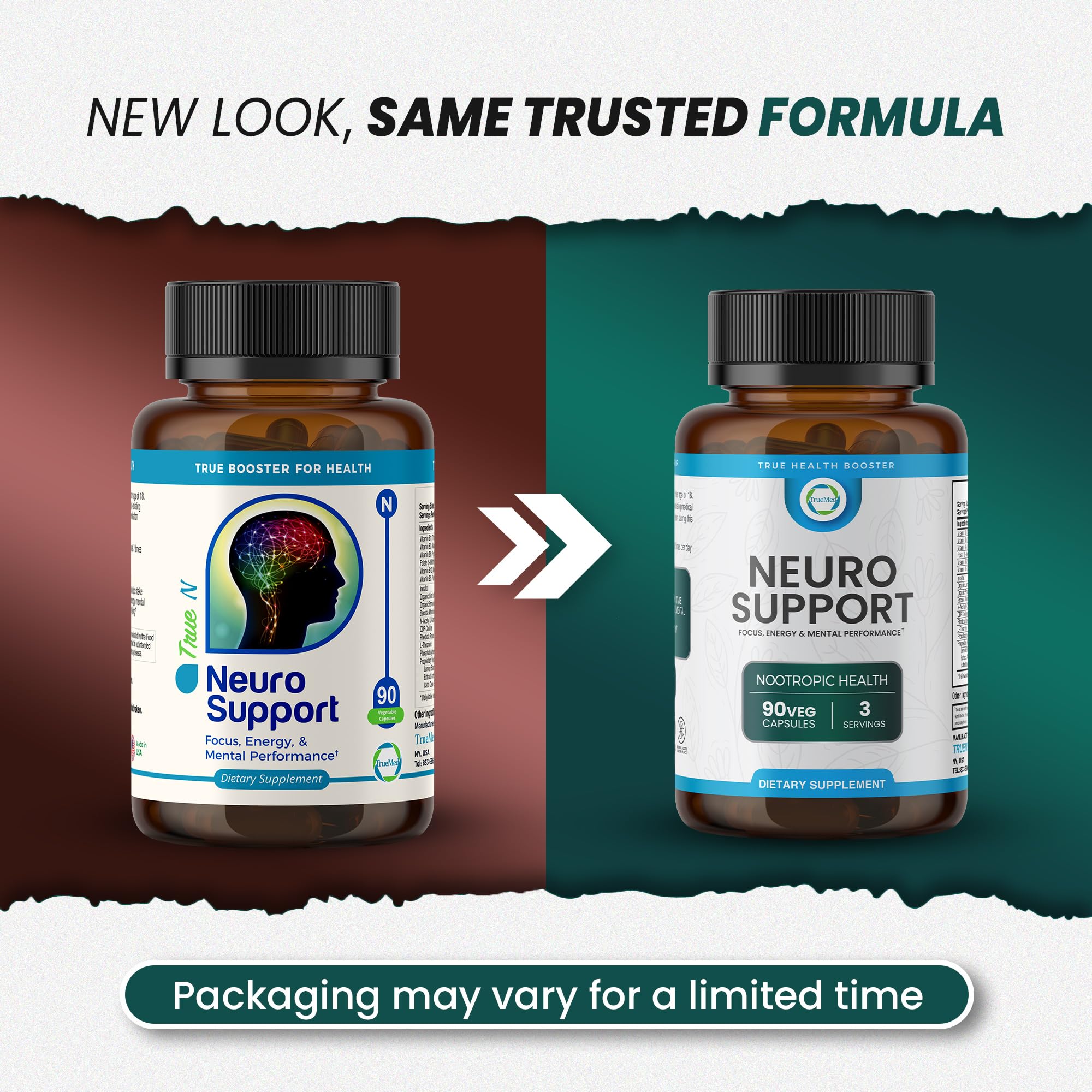 TrueMed Neuro Support - Premium Nootropic Supplement for Focus, Energy, Mental Clarity, and Performance Organic Lion’s Mane, Bacopa Monnieri, Rhodiola, Non-GMO Gluten-Free CDP Choline 90 Veg Capsules - TrustMedUSA