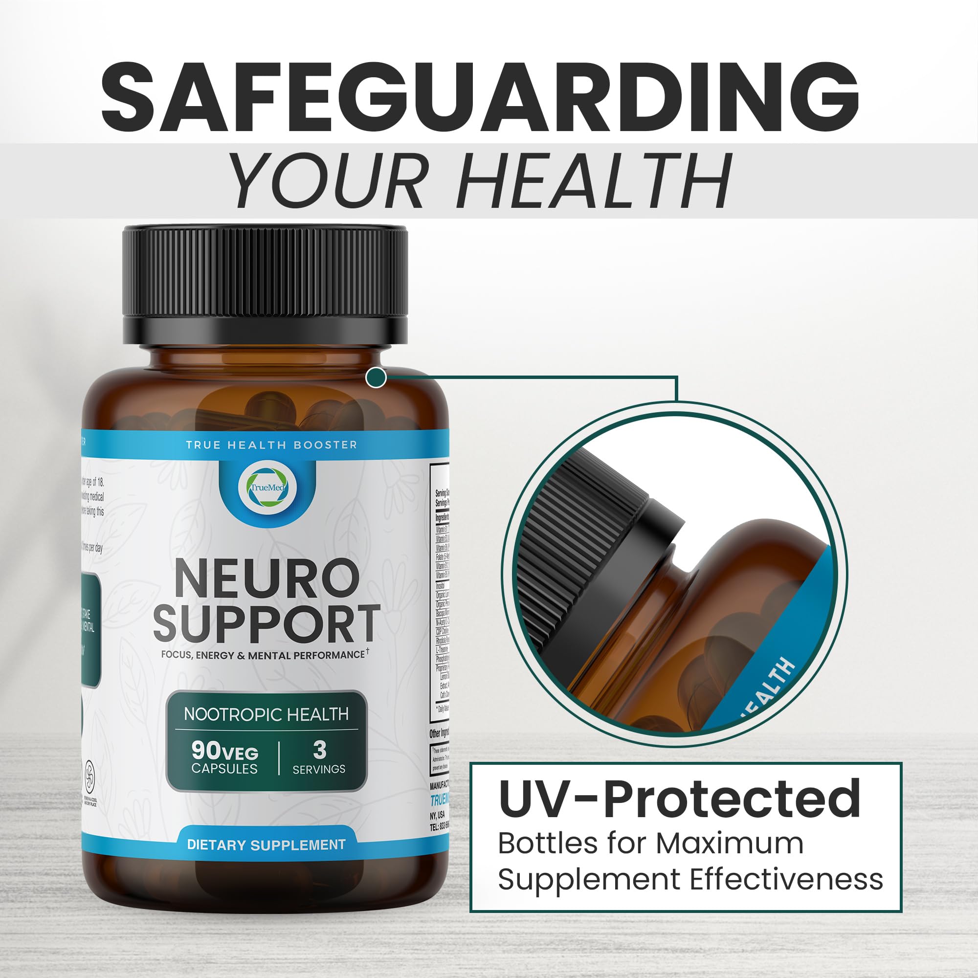 TrueMed Neuro Support - Premium Nootropic Supplement for Focus, Energy, Mental Clarity, and Performance Organic Lion’s Mane, Bacopa Monnieri, Rhodiola, Non-GMO Gluten-Free CDP Choline 90 Veg Capsules - TrustMedUSA