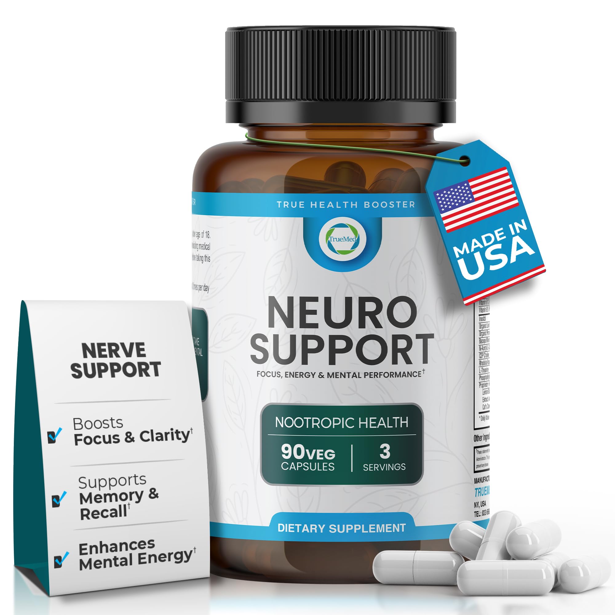 TrueMed Neuro Support - Premium Nootropic Supplement for Focus, Energy, Mental Clarity, and Performance Organic Lion’s Mane, Bacopa Monnieri, Rhodiola, Non-GMO Gluten-Free CDP Choline 90 Veg Capsules - TrustMedUSA