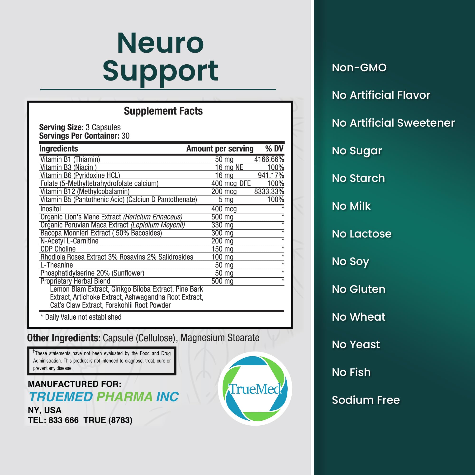 TrueMed Neuro Support - Premium Nootropic Supplement for Focus, Energy, Mental Clarity, and Performance Organic Lion’s Mane, Bacopa Monnieri, Rhodiola, Non-GMO Gluten-Free CDP Choline 90 Veg Capsules - TrustMedUSA