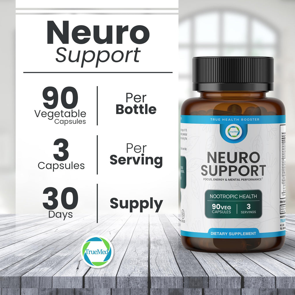 TrueMed Neuro Support - Premium Nootropic Supplement for Focus, Energy, Mental Clarity, and Performance Organic Lion’s Mane, Bacopa Monnieri, Rhodiola, Non-GMO Gluten-Free CDP Choline 90 Veg Capsules - TrustMedUSA
