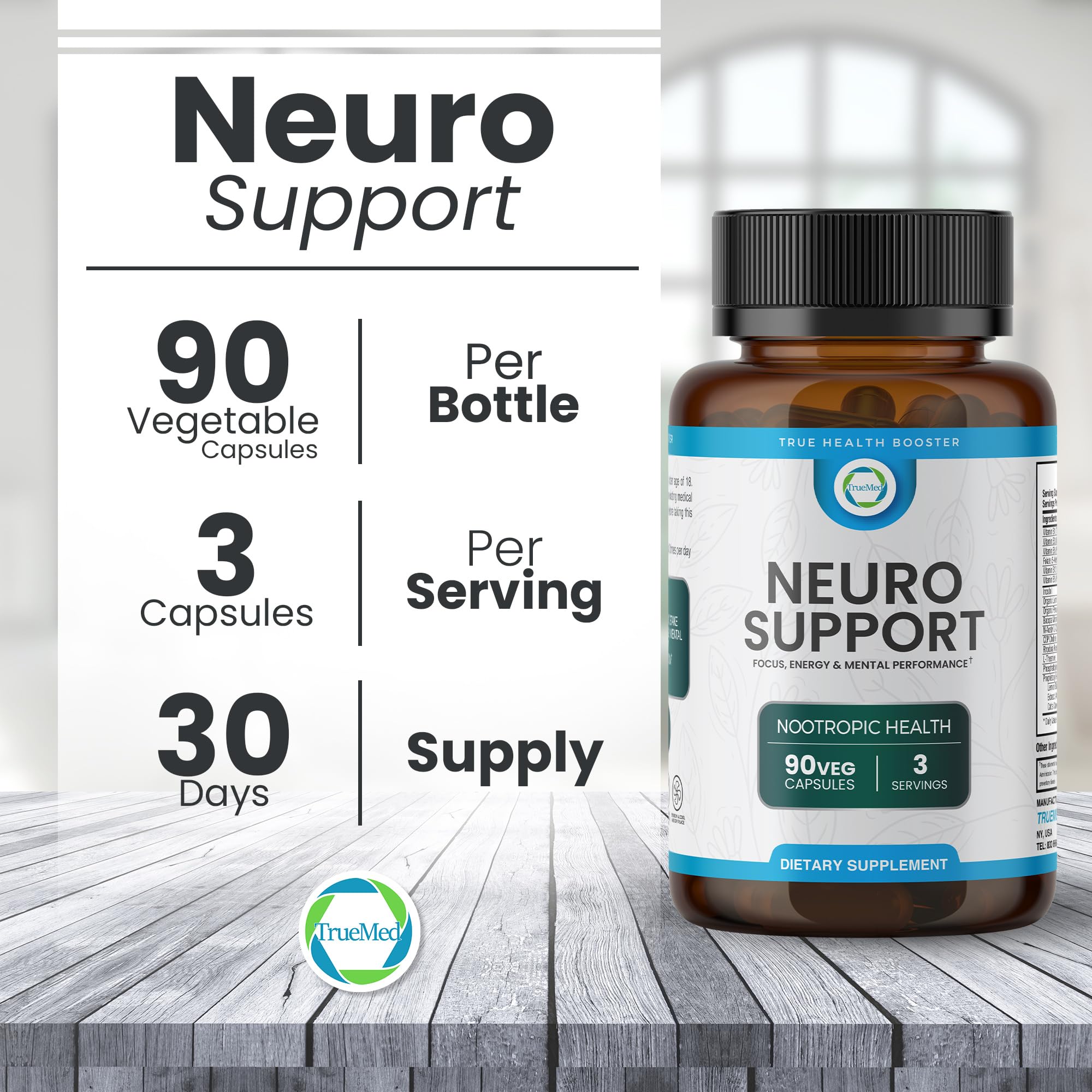 TrueMed Neuro Support - Premium Nootropic Supplement for Focus, Energy, Mental Clarity, and Performance Organic Lion’s Mane, Bacopa Monnieri, Rhodiola, Non-GMO Gluten-Free CDP Choline 90 Veg Capsules - TrustMedUSA