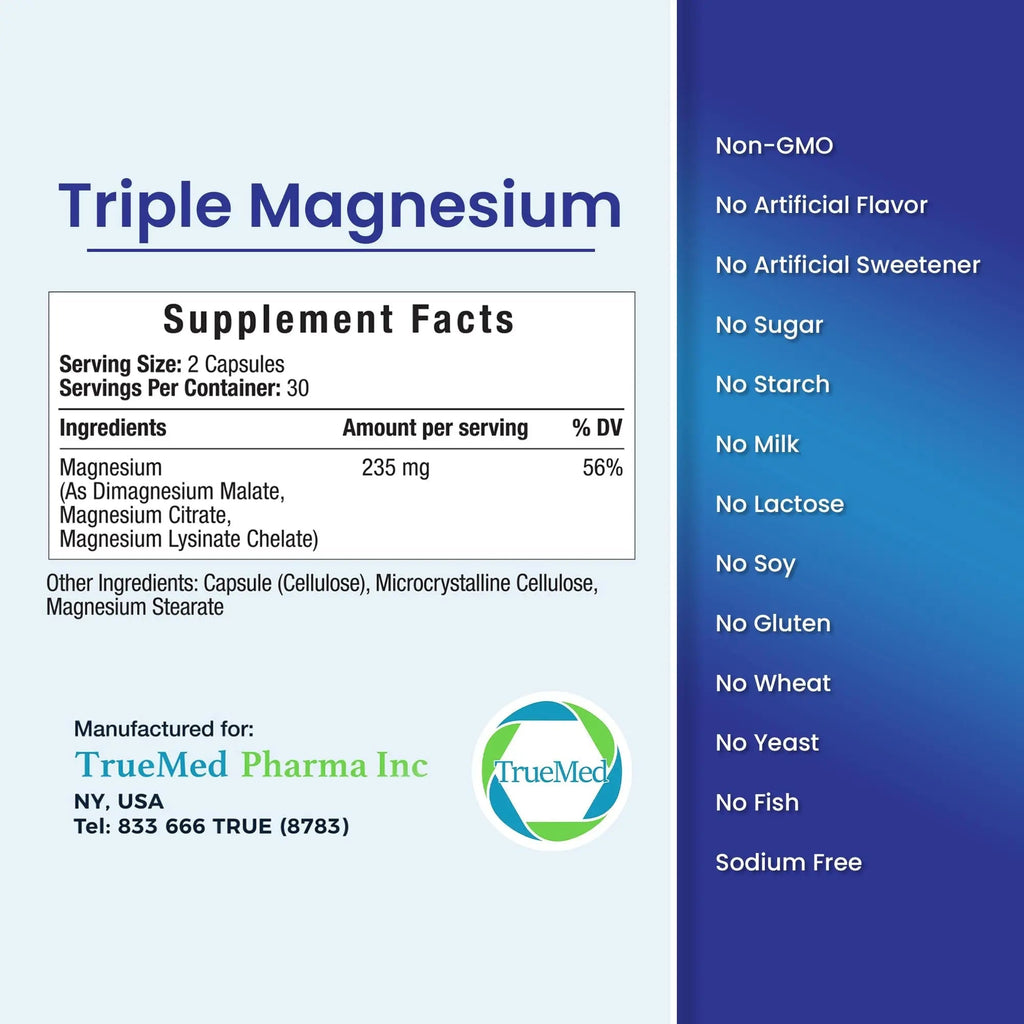 Truemed Triple Magnesium Complex Supplement 235mg with Magnesium Citrate, Malate & Lysinate Chelate | Magnesium Supplement for Sleep, Muscle Relaxation, Energy & Nerve Support | 60 Capsules, USA Made - TrustMedUSA