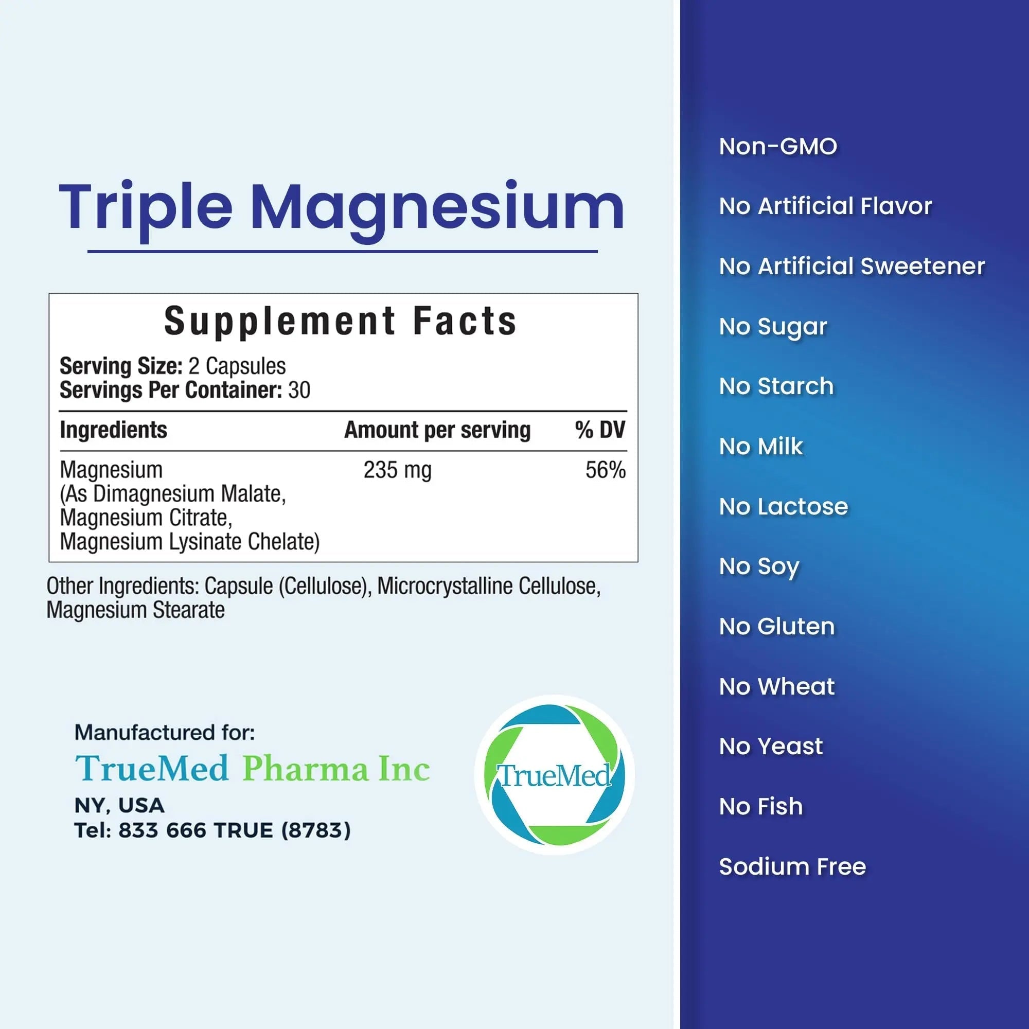 Truemed Triple Magnesium Complex Supplement 235mg with Magnesium Citrate, Malate & Lysinate Chelate | Magnesium Supplement for Sleep, Muscle Relaxation, Energy & Nerve Support | 60 Capsules, USA Made - TrustMedUSA