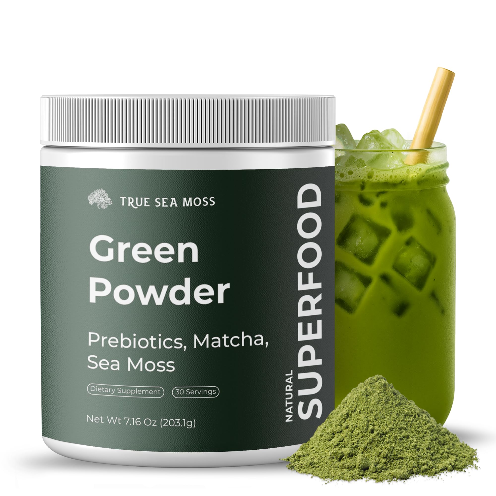 TrueSeaMoss Super Greens Powder with Matcha for Digestive & Gut Health – 25 Superfoods with Probiotics, Prebiotics, Enzymes & Sea Moss – Vegan Superfood Powder for Bloating & Regularity - 30 Servings - TrustMedUSA