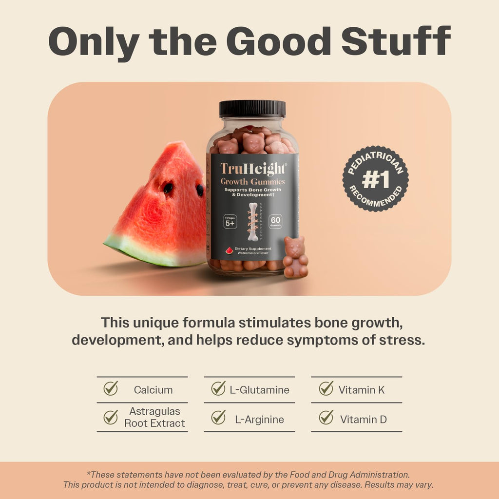 TruHeight Growth Gummies (Watermelon) Tall Nutrition for Natural Growth Supplement for Kids & Teens - Vitamin D, K, Calcium & Ashwagandha - TrustMedUSA