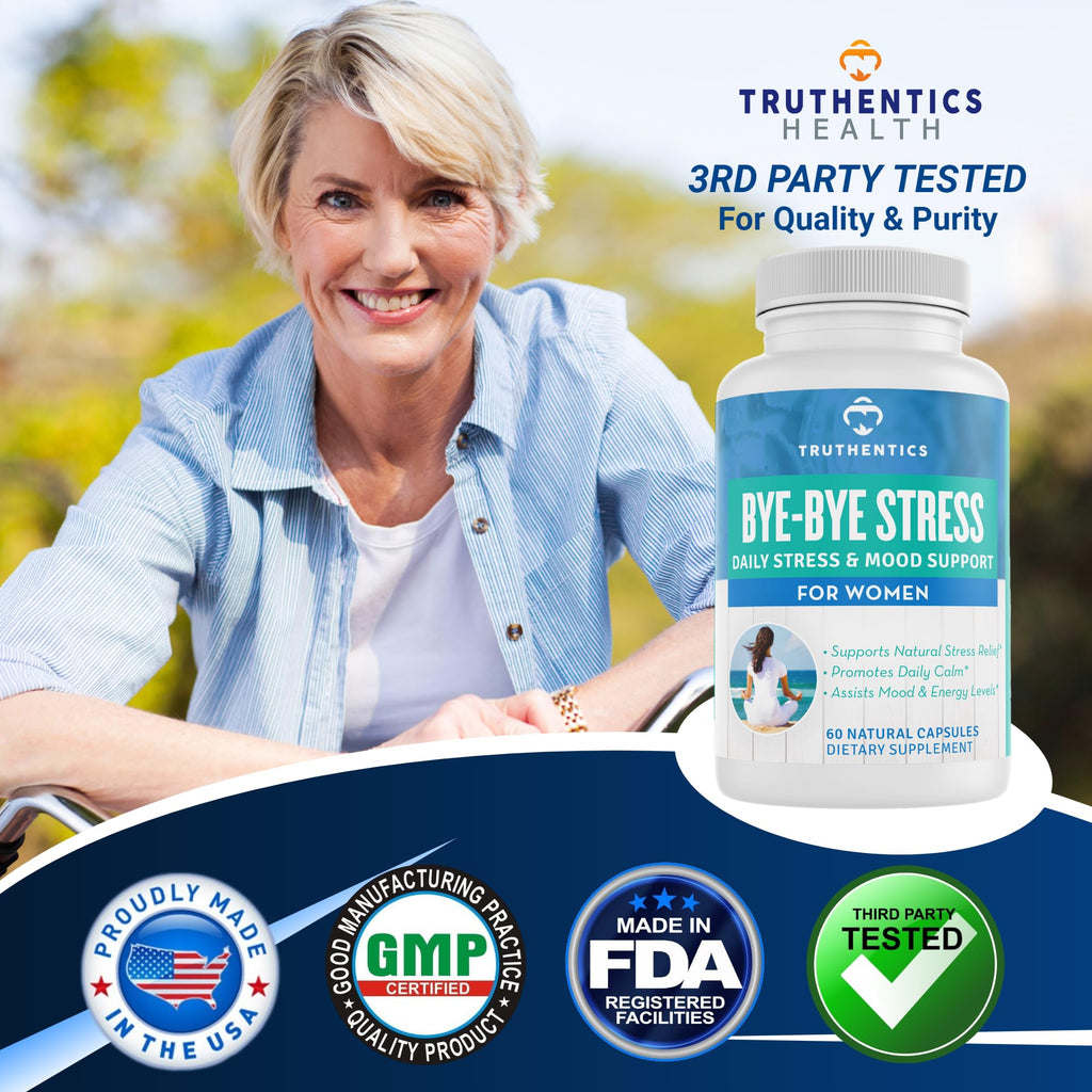 TRUTHENTICS Bye-Bye Stress - Stress & Mood Support Supplement for Women with Ashwagandha, GABA, Lemon Balm, L-Theanin & Vitamin B Complex - Vegan - 60 Capsules - TrustMedUSA