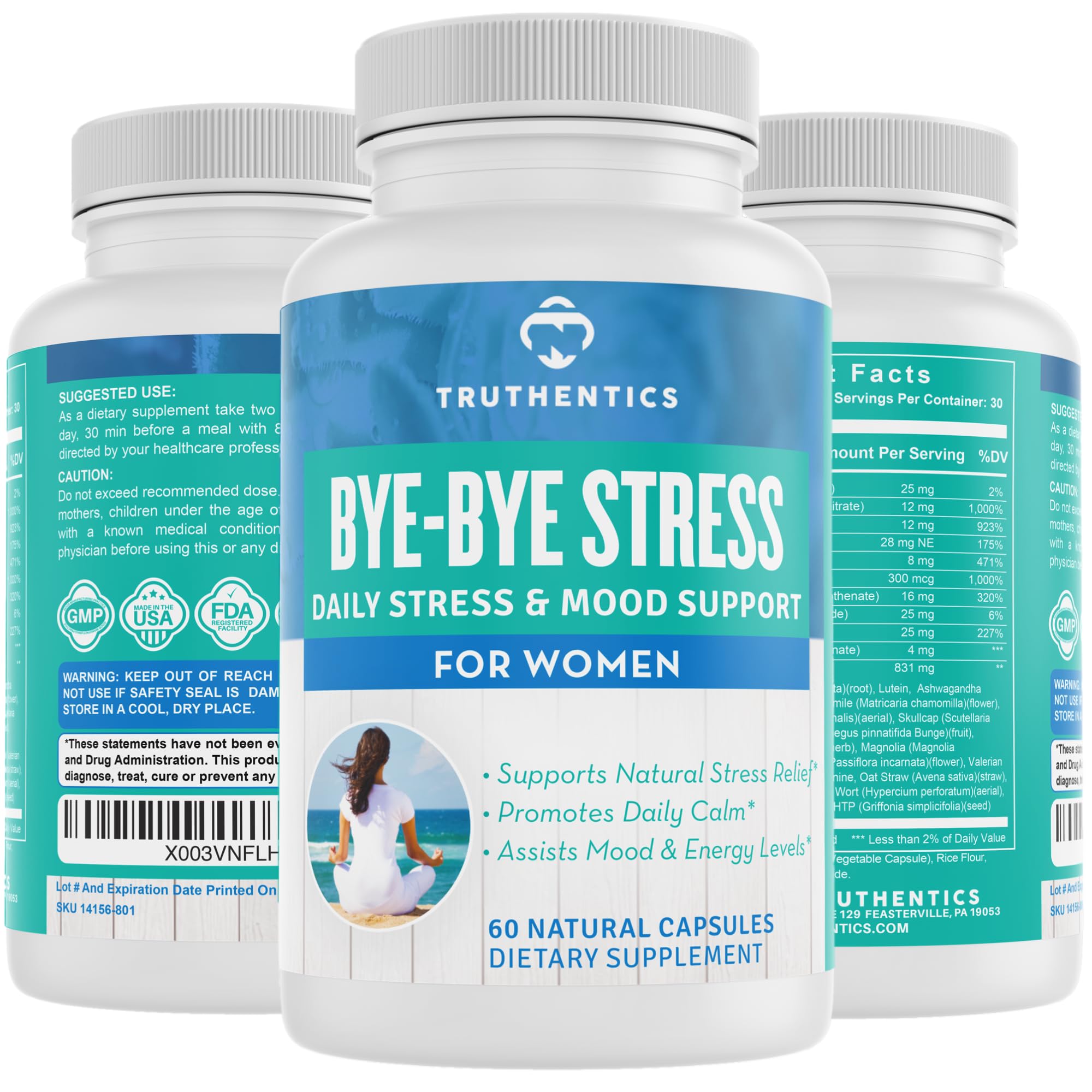 TRUTHENTICS Bye-Bye Stress - Stress & Mood Support Supplement for Women with Ashwagandha, GABA, Lemon Balm, L-Theanin & Vitamin B Complex - Vegan - 60 Capsules - TrustMedUSA