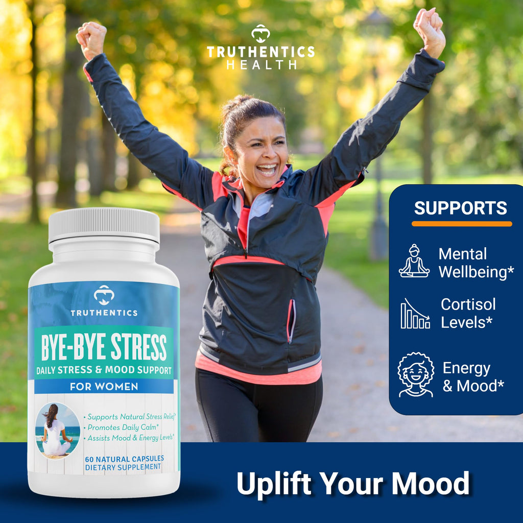 TRUTHENTICS Bye-Bye Stress - Stress & Mood Support Supplement for Women with Ashwagandha, GABA, Lemon Balm, L-Theanin & Vitamin B Complex - Vegan - 60 Capsules - TrustMedUSA
