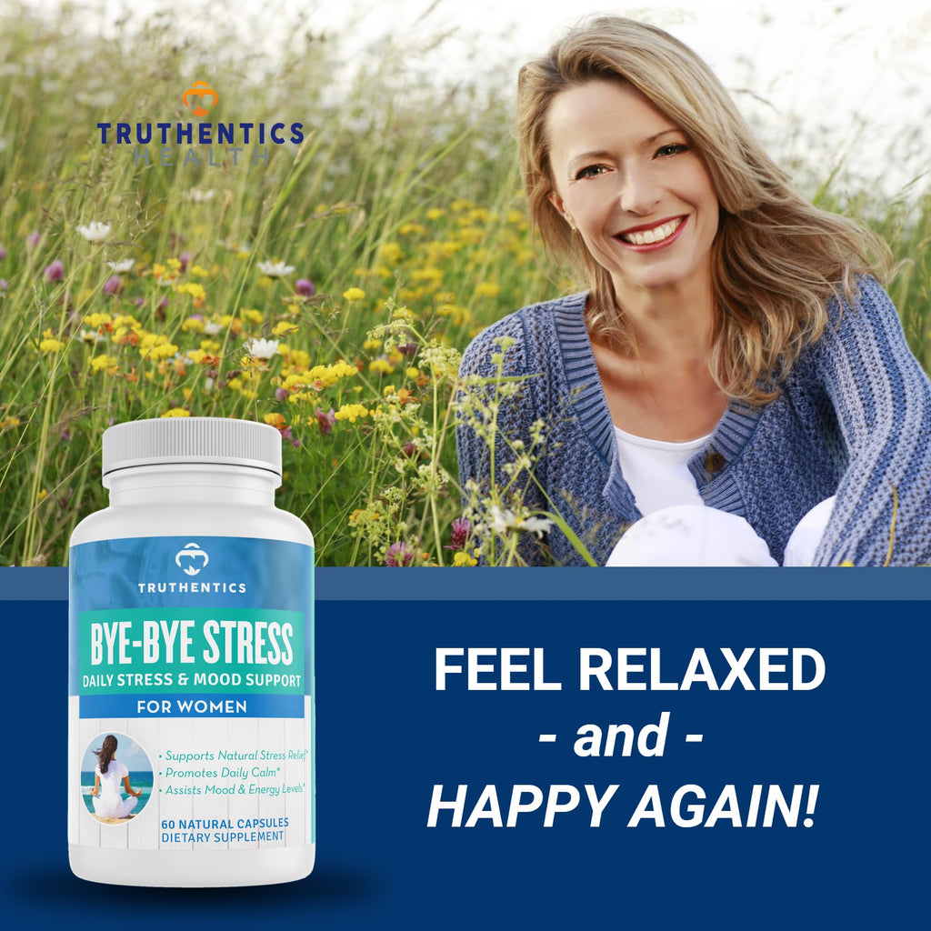 TRUTHENTICS Bye-Bye Stress - Stress & Mood Support Supplement for Women with Ashwagandha, GABA, Lemon Balm, L-Theanin & Vitamin B Complex - Vegan - 60 Capsules - TrustMedUSA