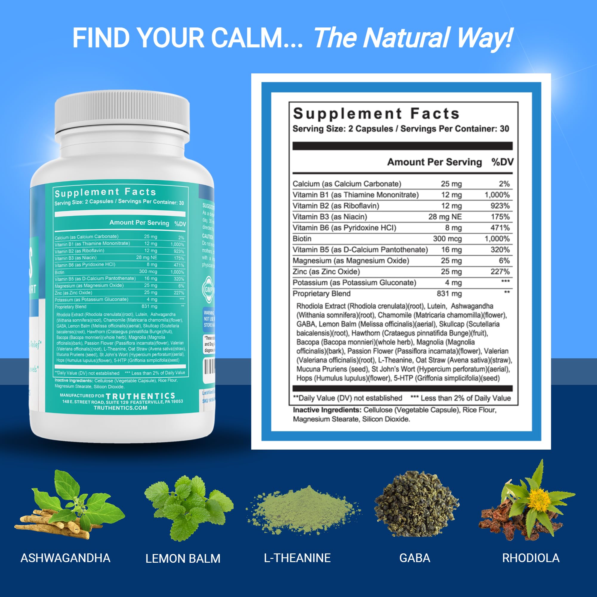 TRUTHENTICS Bye-Bye Stress - Stress & Mood Support Supplement for Women with Ashwagandha, GABA, Lemon Balm, L-Theanin & Vitamin B Complex - Vegan - 60 Capsules - TrustMedUSA