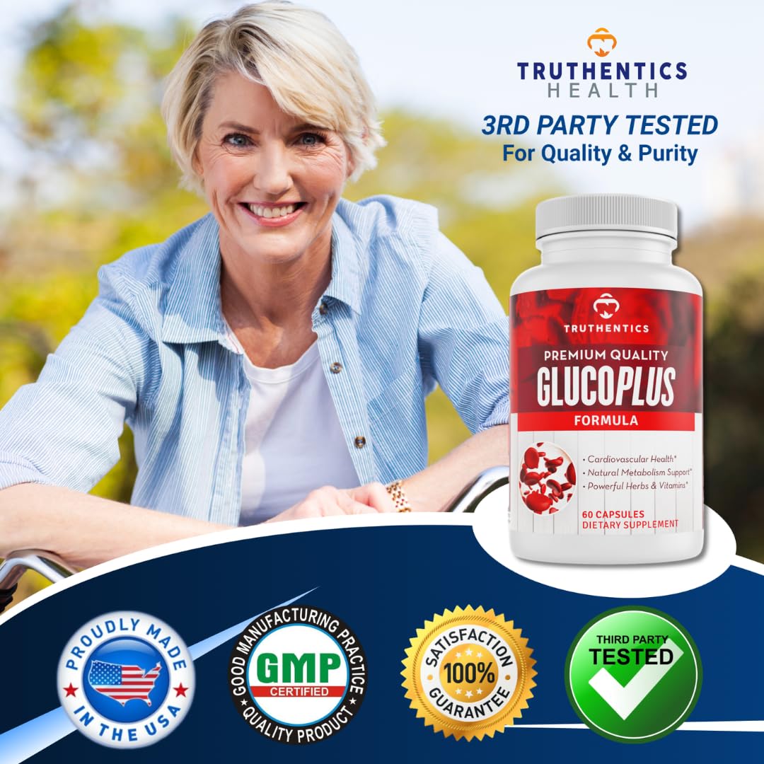 TRUTHENTICS GlucoPlus - 20 Herbs, Vitamins & Minerals with Cinnamon, Chromium, Vanadium, Bitter Melon, Alpha Lipoic Acid, Magnesium - Gluten Free, Non-GMO - 60 Capsules - TrustMedUSA