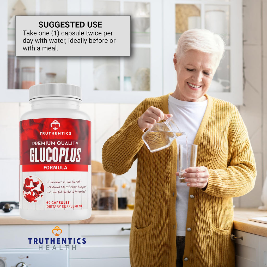 TRUTHENTICS GlucoPlus - 20 Herbs, Vitamins & Minerals with Cinnamon, Chromium, Vanadium, Bitter Melon, Alpha Lipoic Acid, Magnesium - Gluten Free, Non-GMO - 60 Capsules - TrustMedUSA