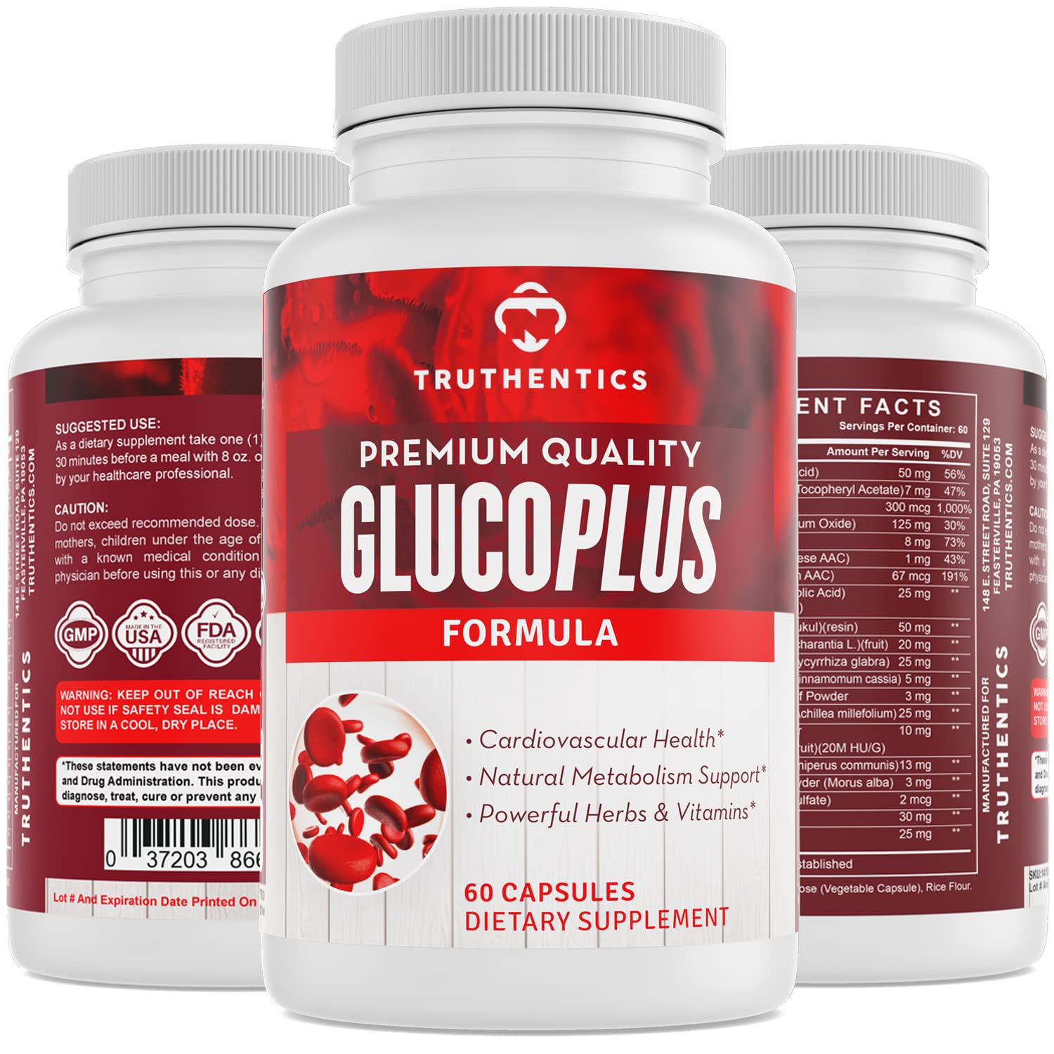 TRUTHENTICS GlucoPlus - 20 Herbs, Vitamins & Minerals with Cinnamon, Chromium, Vanadium, Bitter Melon, Alpha Lipoic Acid, Magnesium - Gluten Free, Non-GMO - 60 Capsules - TrustMedUSA