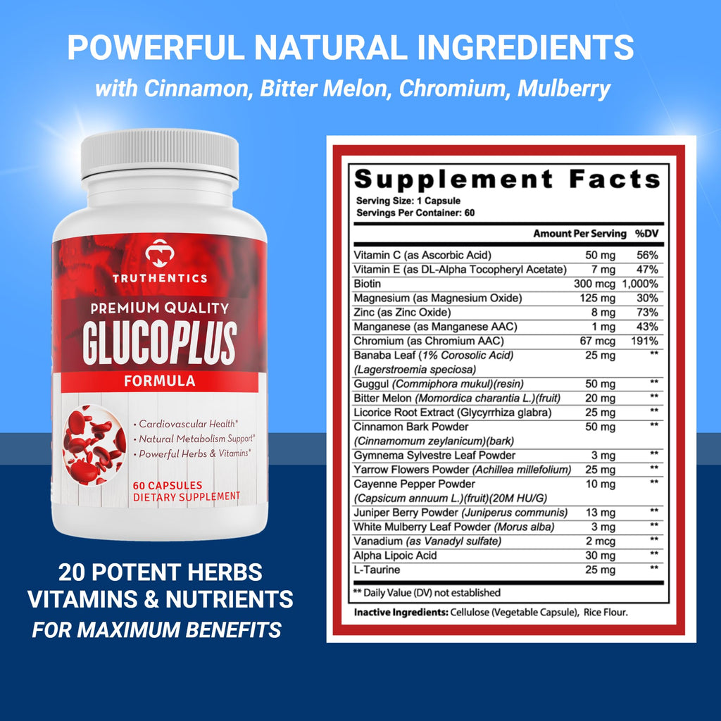 TRUTHENTICS GlucoPlus - 20 Herbs, Vitamins & Minerals with Cinnamon, Chromium, Vanadium, Bitter Melon, Alpha Lipoic Acid, Magnesium - Gluten Free, Non-GMO - 60 Capsules - TrustMedUSA
