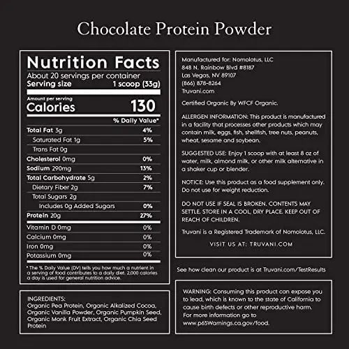 Truvani Organic Vegan Protein Powder Chocolate - 20g of Plant Based Protein, Organic - TrustMedUSA