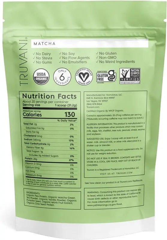 Truvani Organic Vegan Protein Powder Matcha - 20g of Plant Based, Organic Protein - TrustMedUSA