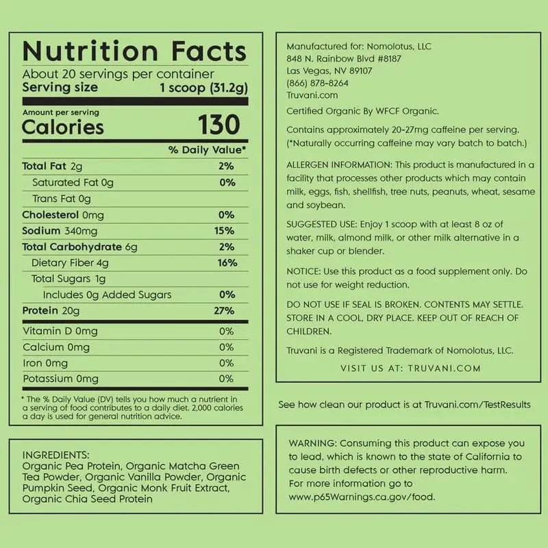 Truvani Organic Vegan Protein Powder Matcha - 20g of Plant Based, Organic Protein - TrustMedUSA