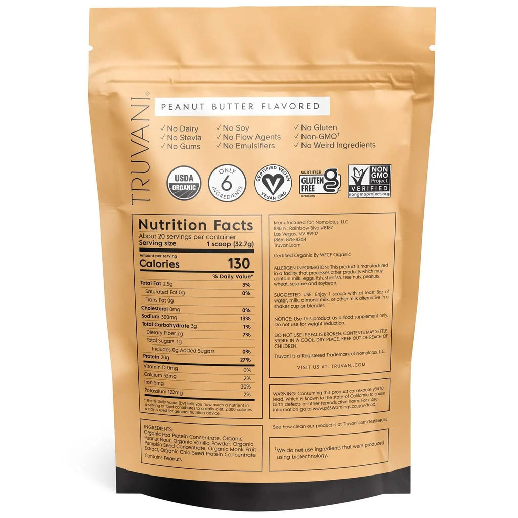 Truvani Organic Vegan Protein Powder Peanut Butter - 20g of Plant Based Protein, Powder - TrustMedUSA