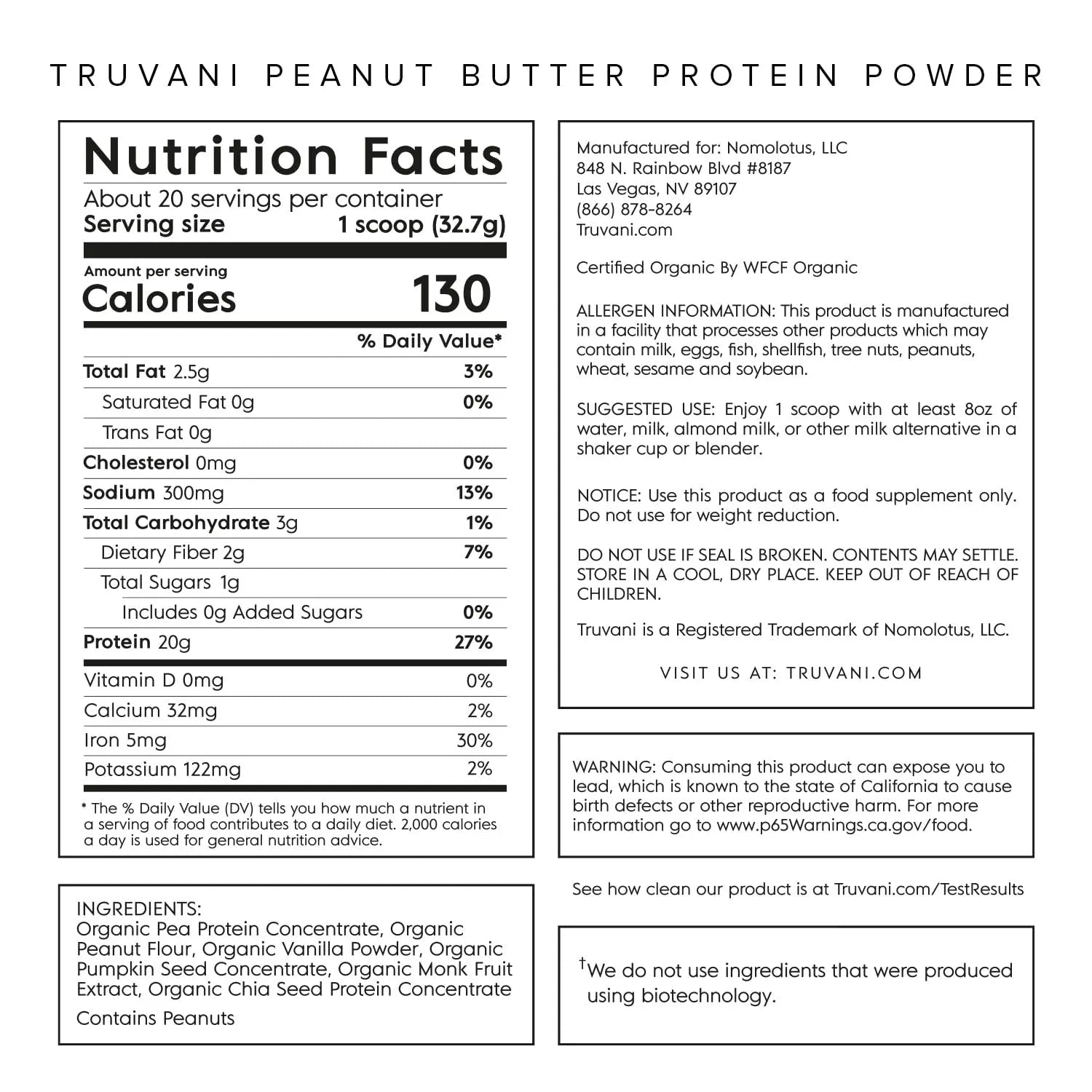 Truvani Organic Vegan Protein Powder Peanut Butter - 20g of Plant Based Protein, Powder - TrustMedUSA