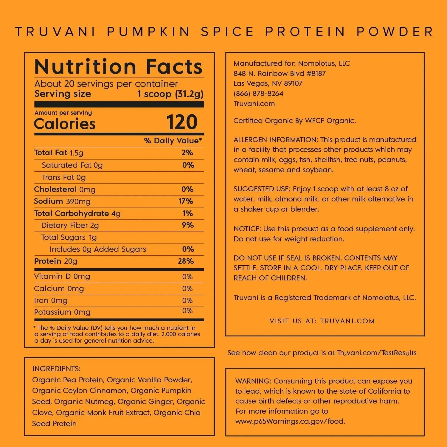 Truvani Organic Vegan Protein Powder Pumpkin Spice - 20g of Plant Based Protein - TrustMedUSA