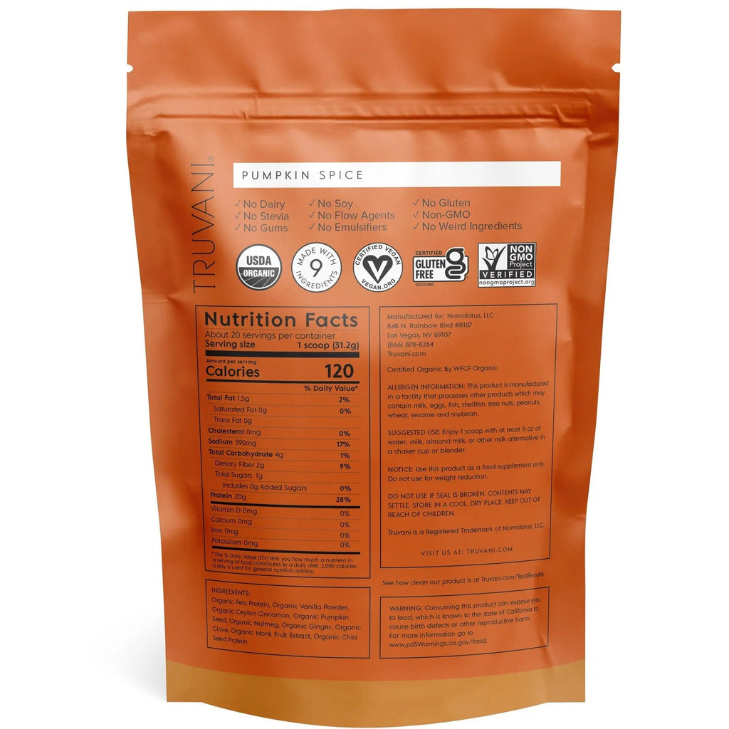 Truvani Organic Vegan Protein Powder Pumpkin Spice - 20g of Plant Based Protein - TrustMedUSA
