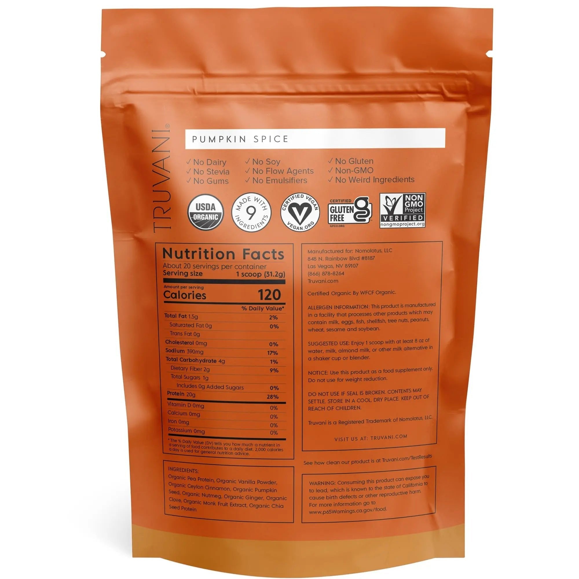 Truvani Organic Vegan Protein Powder Pumpkin Spice - 20g of Plant Based Protein - TrustMedUSA