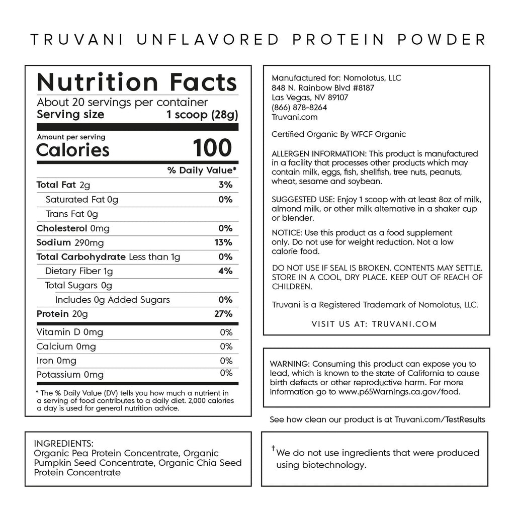 Truvani Organic Vegan Protein Powder Unflavored - 20g of Plant Based Protein, Organic - TrustMedUSA