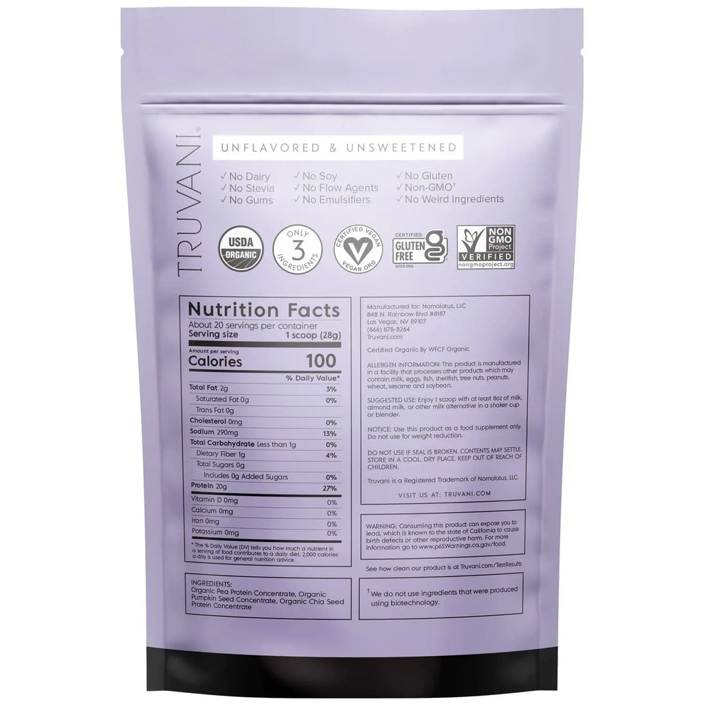 Truvani Organic Vegan Protein Powder Unflavored - 20g of Plant Based Protein, Organic - TrustMedUSA
