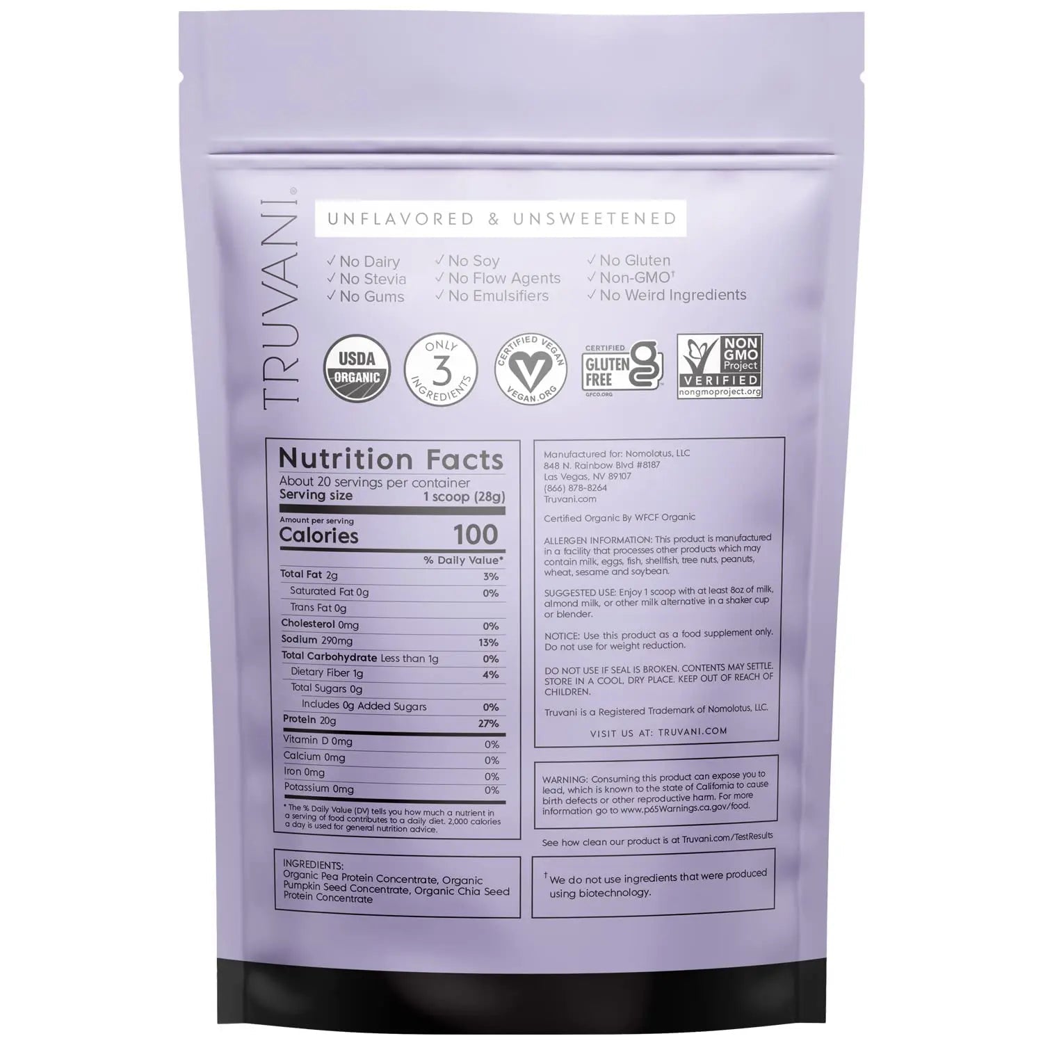 Truvani Organic Vegan Protein Powder Unflavored - 20g of Plant Based Protein, Organic - TrustMedUSA