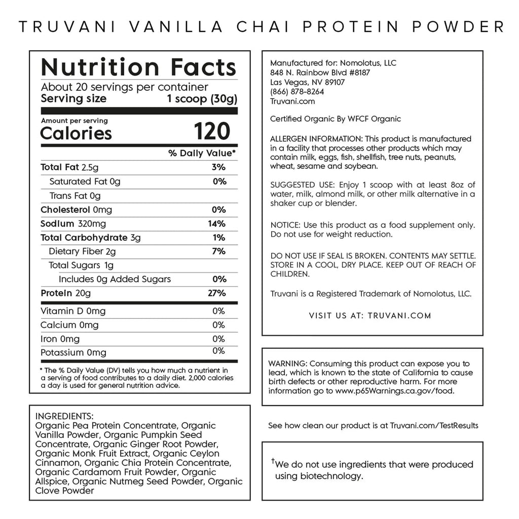 Truvani Organic Vegan Protein Powder Vanilla Chai - 20g of Plant Based Protein, Organic - TrustMedUSA