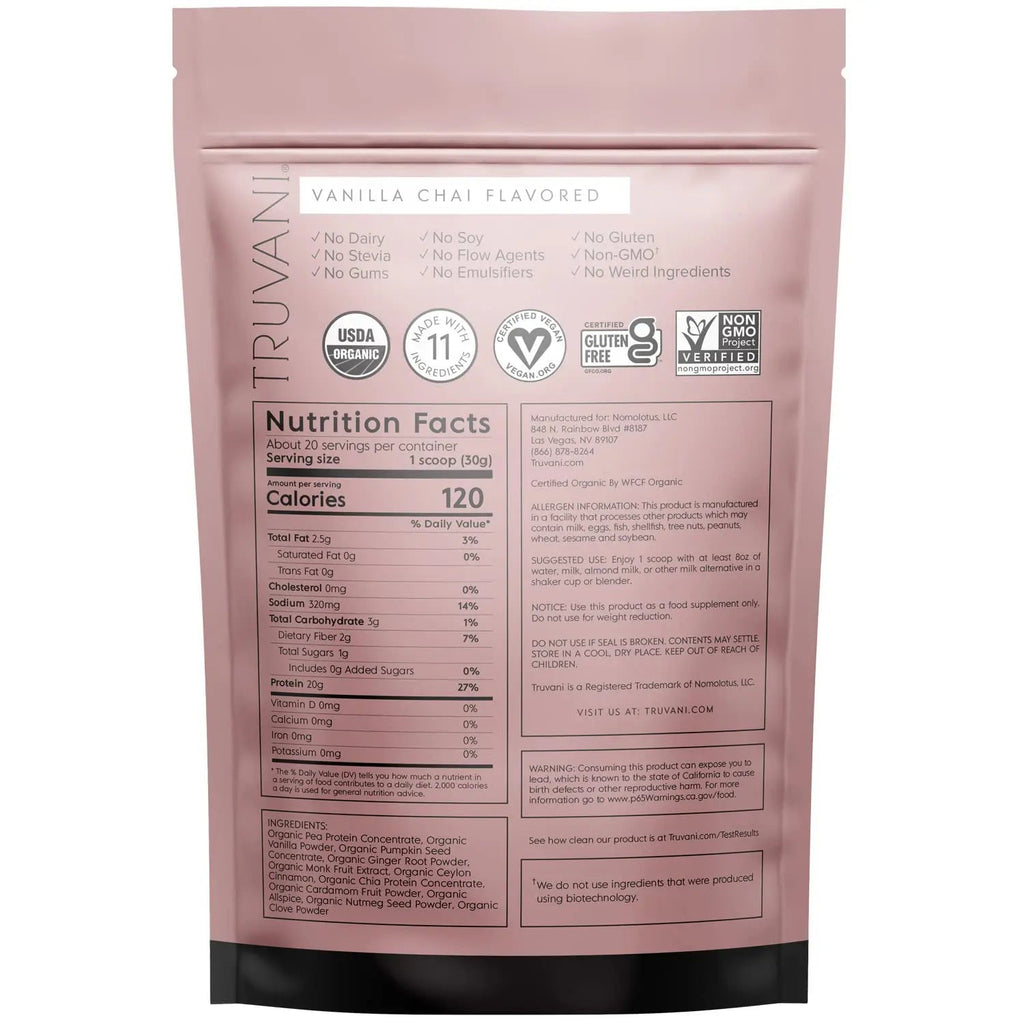 Truvani Organic Vegan Protein Powder Vanilla Chai - 20g of Plant Based Protein, Organic - TrustMedUSA