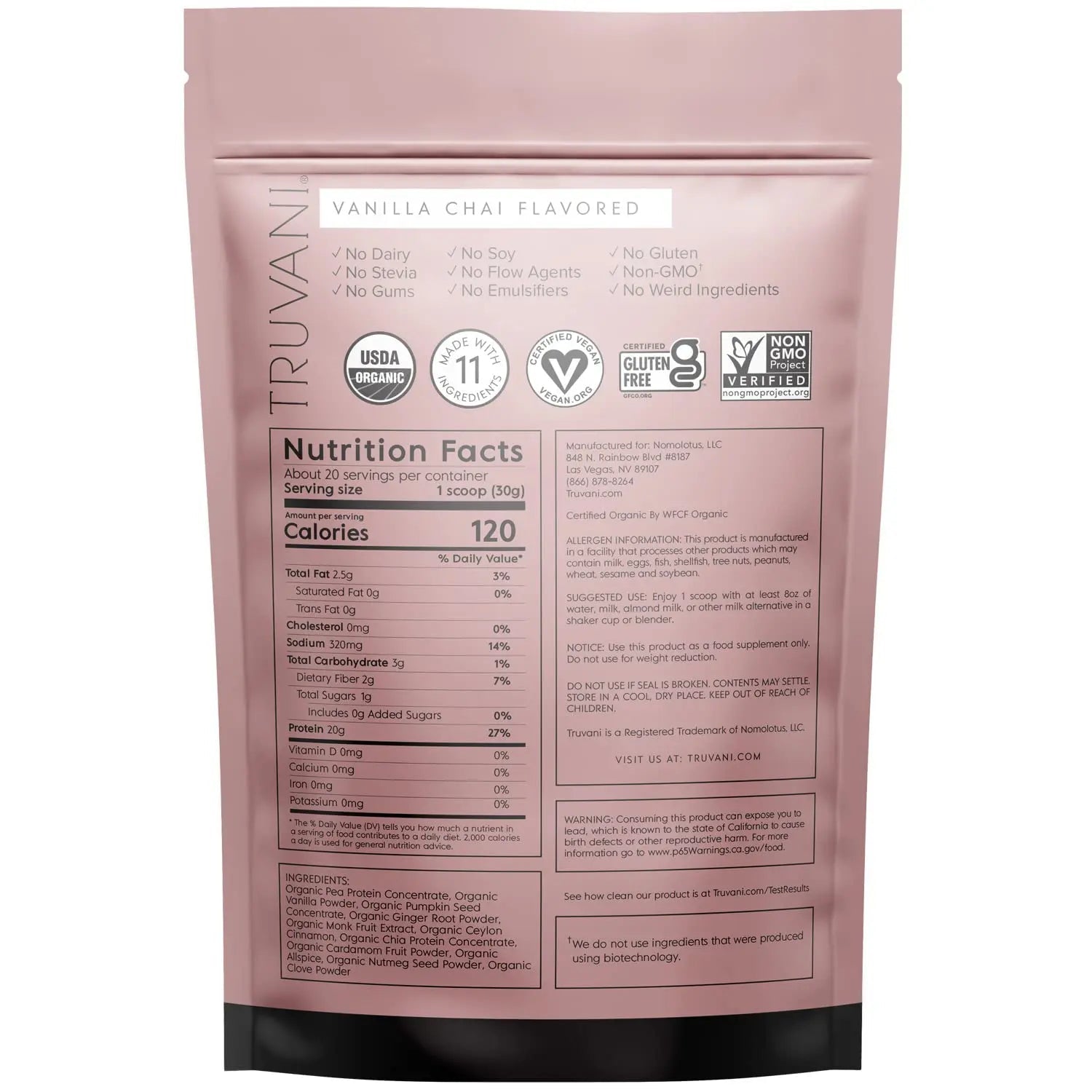 Truvani Organic Vegan Protein Powder Vanilla Chai - 20g of Plant Based Protein, Organic - TrustMedUSA