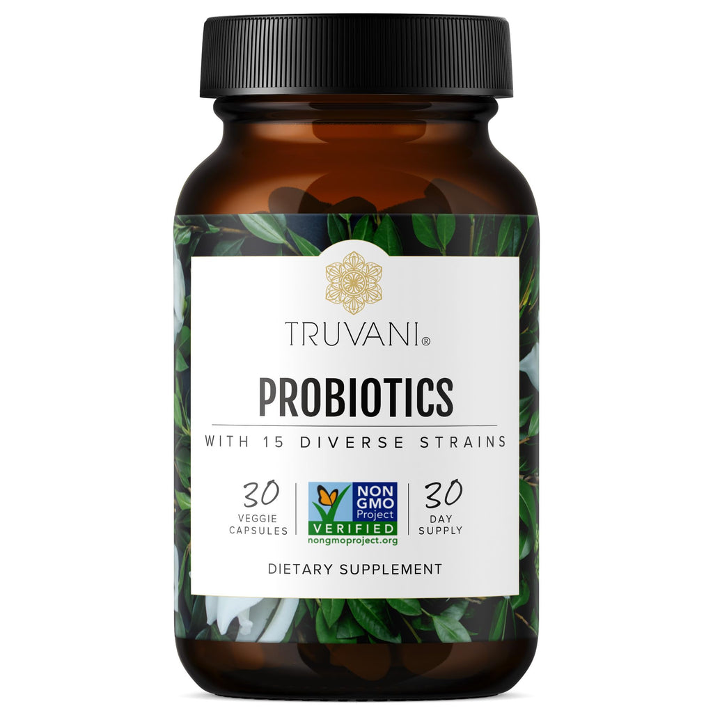 Truvani Probiotic Supplement | 30 Servings | 15 Billion CFU | 15 Diverse Strains for Digestive, Immune & Brain Health Support | Shelf-Stable Vegan Capsules | Non-GMO, No Fillers - TrustMedUSA