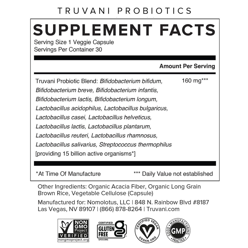 Truvani Probiotic Supplement | 30 Servings | 15 Billion CFU | 15 Diverse Strains for Digestive, Immune & Brain Health Support | Shelf-Stable Vegan Capsules | Non-GMO, No Fillers - TrustMedUSA