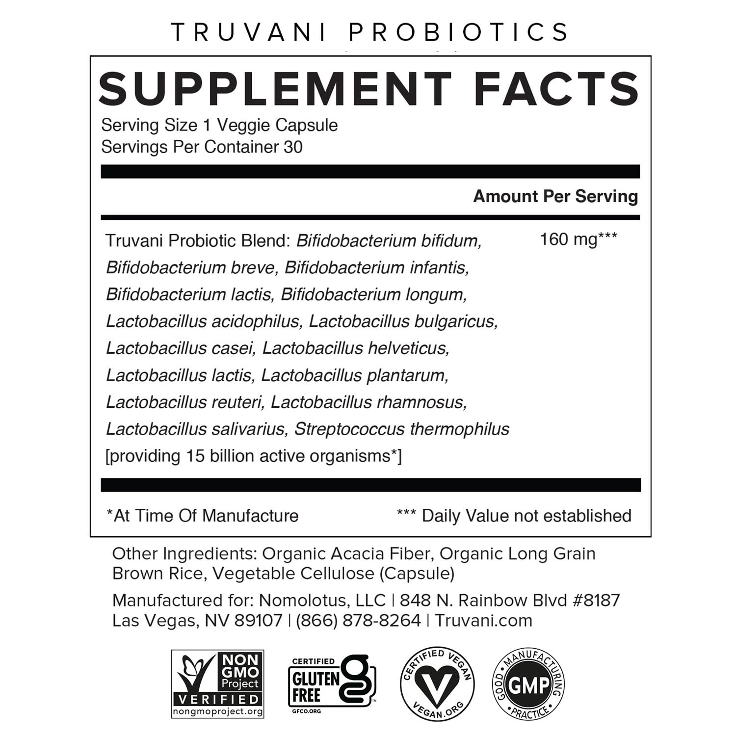 Truvani Probiotic Supplement | 30 Servings | 15 Billion CFU | 15 Diverse Strains for Digestive, Immune & Brain Health Support | Shelf-Stable Vegan Capsules | Non-GMO, No Fillers - TrustMedUSA