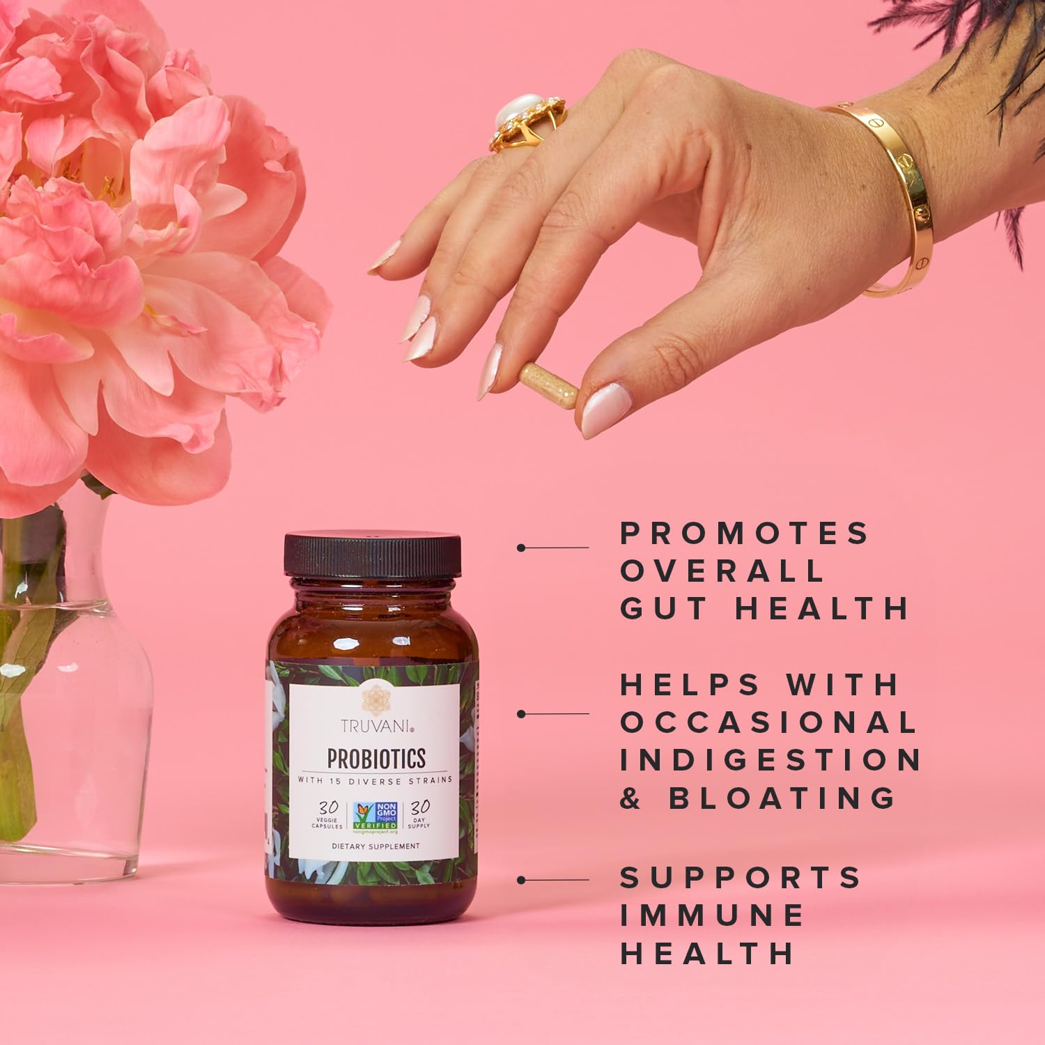 Truvani Probiotic Supplement | 30 Servings | 15 Billion CFU | 15 Diverse Strains for Digestive, Immune & Brain Health Support | Shelf-Stable Vegan Capsules | Non-GMO, No Fillers - TrustMedUSA