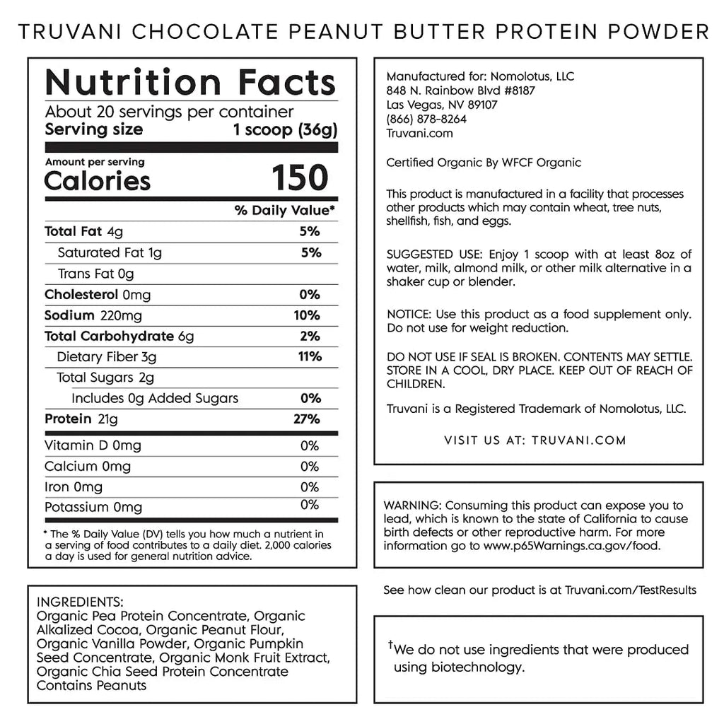 Truvani Vegan Chocolate Peanut Butter Protein Powder - 20g Plant-Based Protein, Gluten - TrustMedUSA