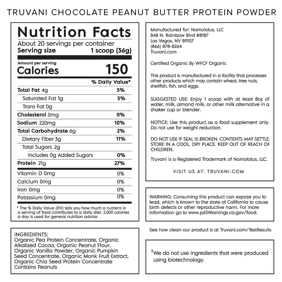 Truvani Vegan Chocolate Peanut Butter Protein Powder - 20g Plant-Based Protein, Gluten - TrustMedUSA