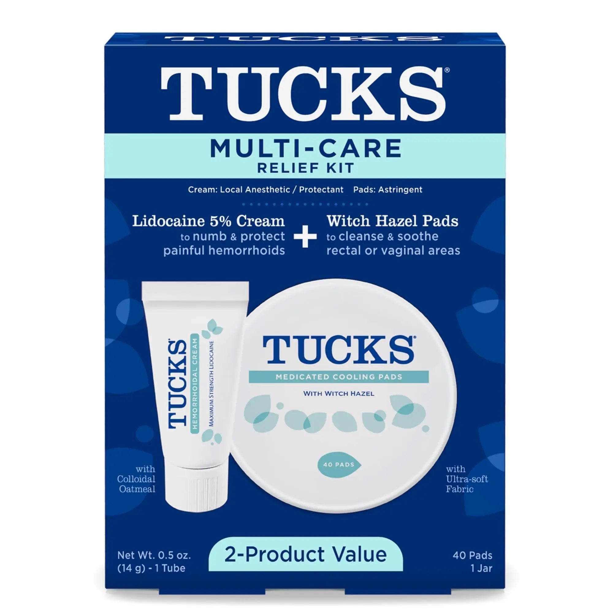 Tucks Multi-Care Relief Kit – 40 Count Witch Hazel Pads & 0.5 oz. Lidocaine Cream - Protects from Irritation, Hemorrhoid Treatment Medicated Pads Used by Hospitals - TrustMedUSA