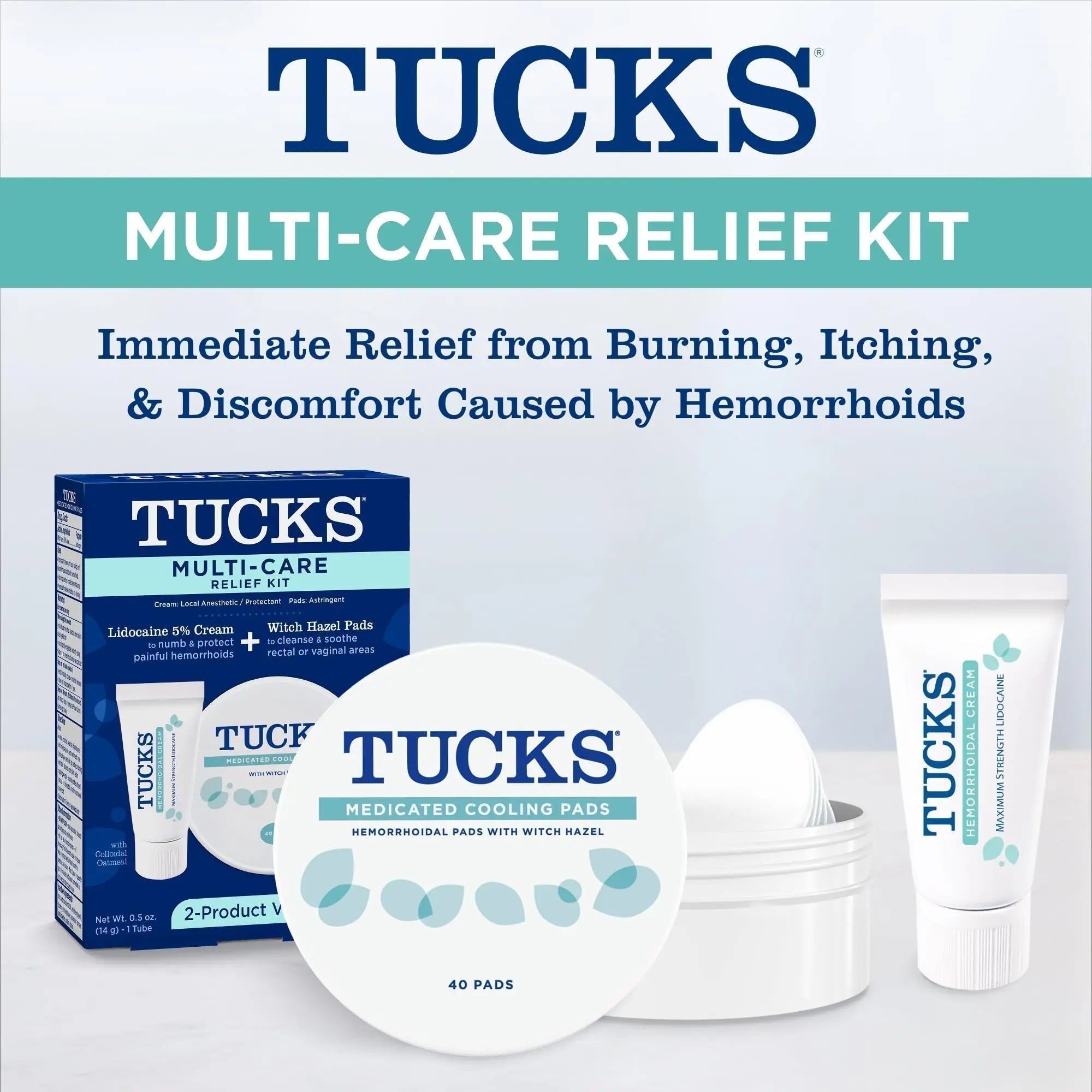 Tucks Multi-Care Relief Kit – 40 Count Witch Hazel Pads & 0.5 oz. Lidocaine Cream - Protects from Irritation, Hemorrhoid Treatment Medicated Pads Used by Hospitals - TrustMedUSA